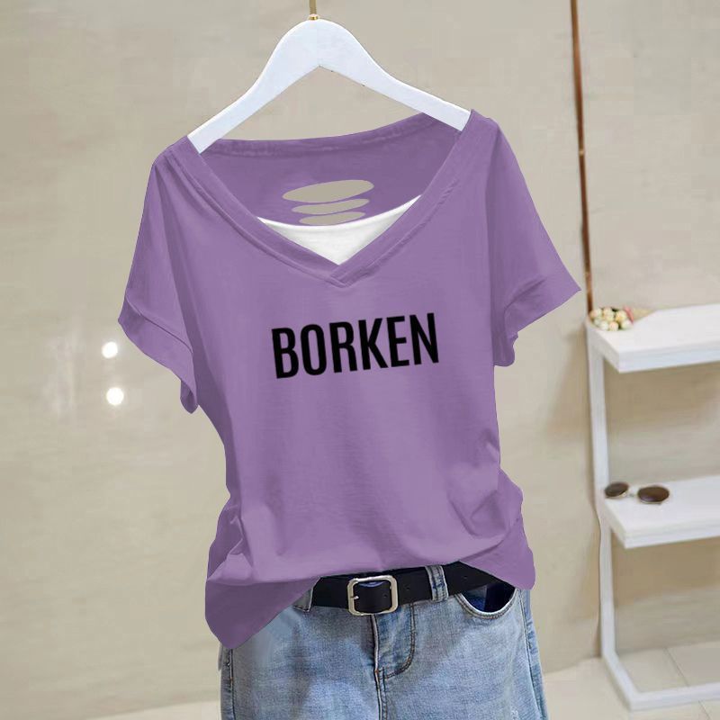 Women's Floral Lace Print V-Neck Short Sleeve T-Shirt 100% Cotton Loose Fit Casual Breathable Top_ecoleips.com