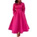 Women’s Clothing autumn new style large swing solid color lapel long sleeve A line skirt African dress_ecoleips.com