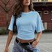 Women's Summer Smocked Waist T-Shirt - Slim Fit Round Neck Short Sleeve Top In Solid Colors_ecoleips.com