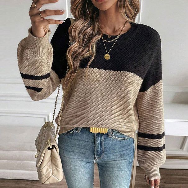 Women's Long Sleeve Color Block Sweater - Loose Knit Pullover With Lantern Sleeves, Soft Acrylic Blend, Casual & Office Wear_ecoleips.com