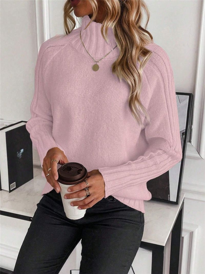 Women's Clothing Solid Color Pullover Raglan Solid Color High Neck Long Sleeve Pullover Sweater - Oversized Acrylic Knit Casual Top For Fall & Winter_ecoleips.com