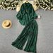 Women's European American Style Long Sleeved Printed Shirt Waist Cinching Tie High Waisted Slimming Pleated Two Piece Set_ecoleips.com
