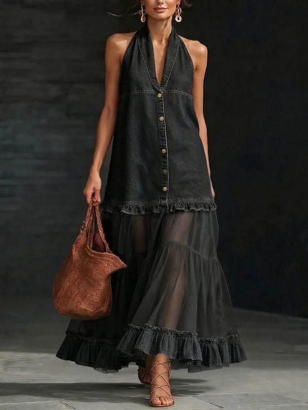 Women's Retro Denim Patchwork Long Dress Casual Sleeveless Ruffle_ecoleips.com