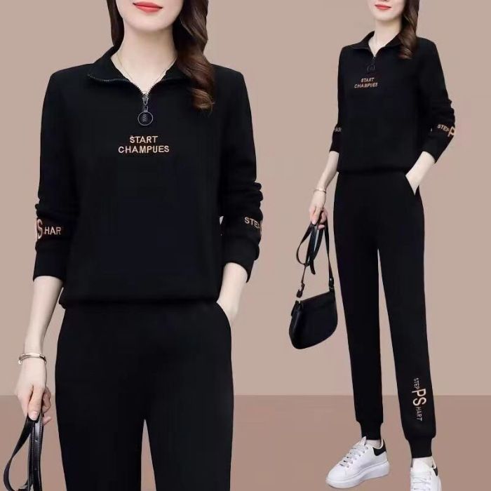 "Women's Trendy Letter Print Tracksuit Set Zip-Up Hoodie & Jogger Pants Casual Spring Outfit"_ecoleips.com