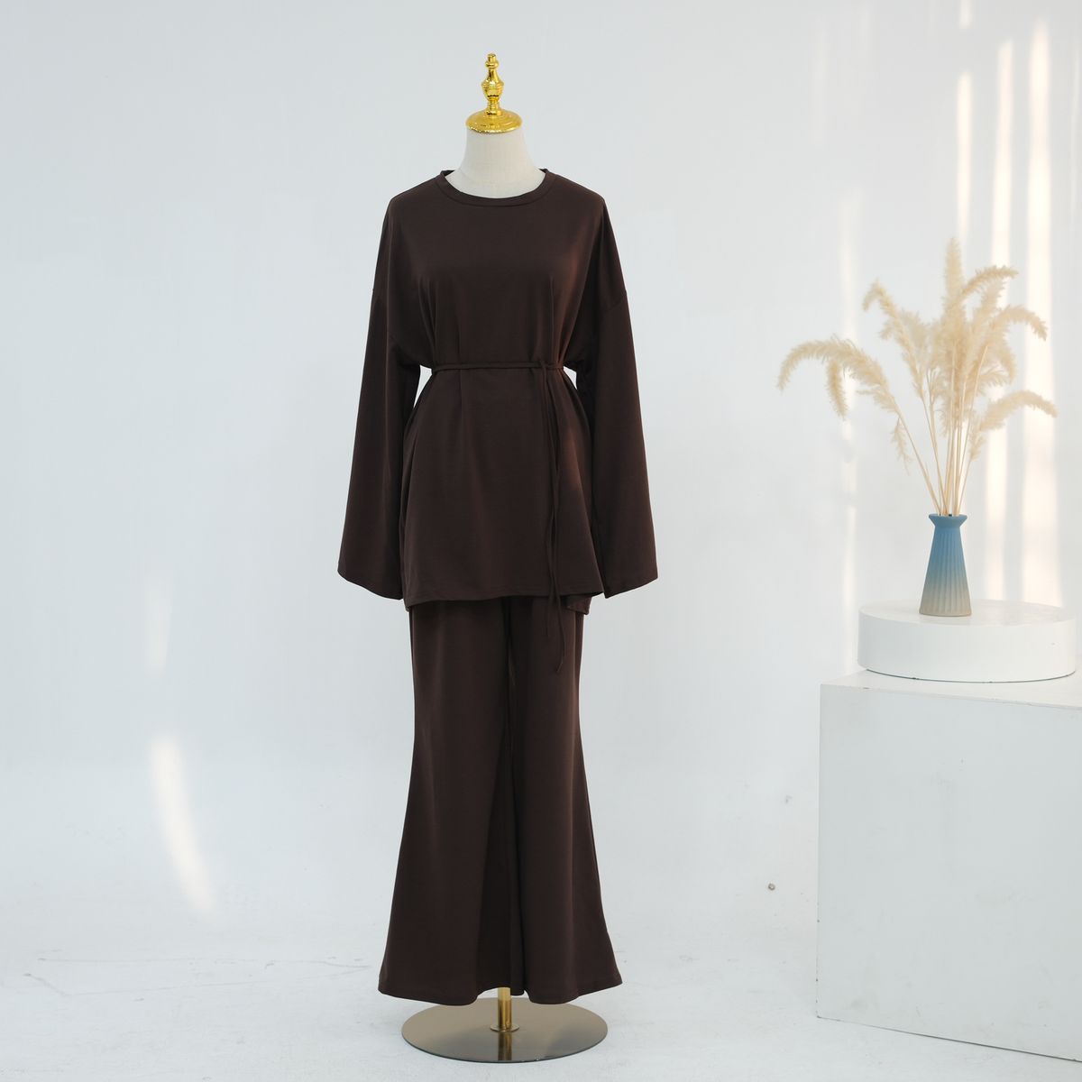 Voya Women's Solid Color Two-piece Set With Top And Pants, Belt And Pockets, Fashionable Outfit_ecoleips.com