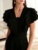 2026 Summer New Pure Black Lotus Leaf Sleeve Jumpsuit Women's V-neck Pleated Waist Wide Legs Elegant Commuter Jumpsuit_ecoleips.com
