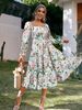 2026 New European And American Foreign Trade Bestseller Square Neck Flared Sleeve High Waist Loose Long Dress_ecoleips.com