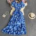 Retro Floral Chiffon Dress Slimming High Waist Bubble Sleeve Holiday Cake Skirt For Women Summer New Style_ecoleips.com