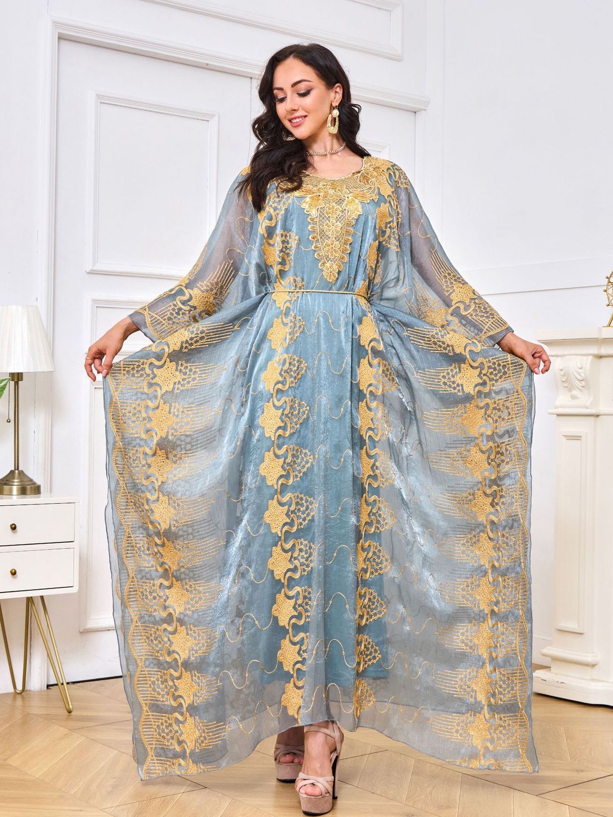 MT041 Moroccan Muslim Kaftan Embroidered Sequin Evening Two-Piece Set Dress_ecoleips.com