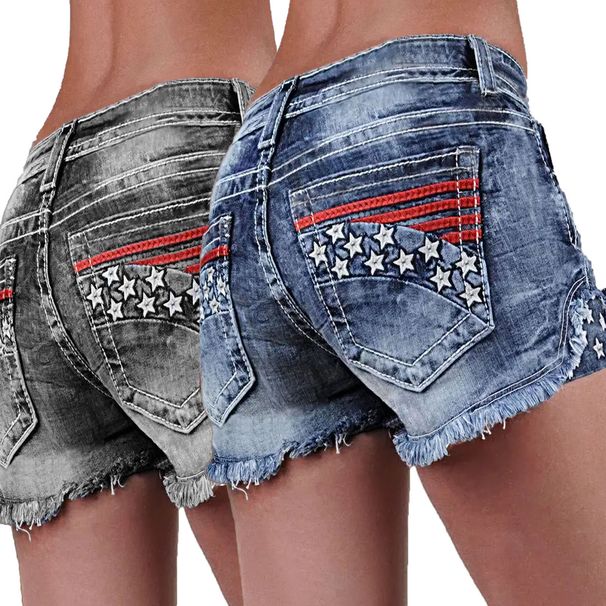 Women's European And American Fashion Ins Hot Style Elastic Patch Embroidered Ripped Denim Shorts_ecoleips.com