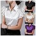 Women's Clothing Summer Satin Ruffle Short Sleeve Shirt Blouse Solid Color For Women For Formal & Casual For Women_ecoleips.com