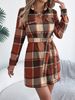 Women's Plaid Faux Woolen Shirt Dress Autumn Winter Casual Long Sleeved Color Block Tie Waist_ecoleips.com