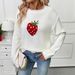 Women's Strawberry Jacquard Knit Sweater - Soft Acrylic Pullover With Loose Fit, Round Neck, Long Sleeves For Casual Comfort_ecoleips.com