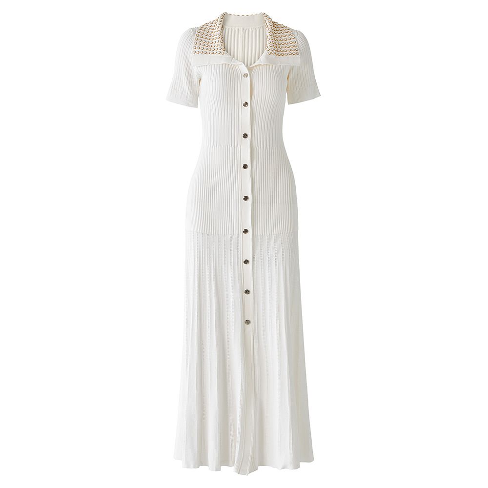 High Quality Rhinestone Collared Short Sleeved Knitted Maxi Dress Summer Elegant Casual Fashion Dress for Women_ecoleips.com