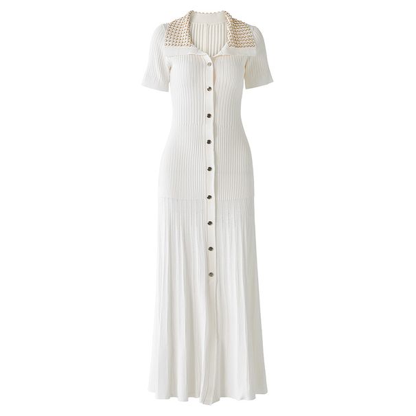 High Quality Rhinestone Collared Short Sleeved Knitted Maxi Dress Summer Elegant Casual Fashion Dress for Women_ecoleips.com