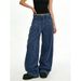 Women Retro Corduroy Cargo Pants Adjustable Waist Blue Wide Leg Casual Trousers For Autumn/Winter Trendy Style_ecoleips.com