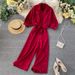 Women's Trend New Suspender Pleated Wide Leg Jumpsuit Stand Up Collar Short Sleeved Cardigan Shirt Two Piece Set_ecoleips.com