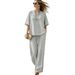 Summer 2 Piece Women's Casual Set with Drawstring Pockets European American Style Short Sleeve round Neck Top Wide Leg Pants_ecoleips.com