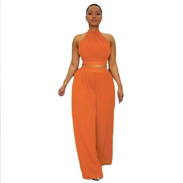 Women's Clothing Pleated Sleeveless High Waist Top Wide Leg Pants Two Piece Set_ecoleips.com