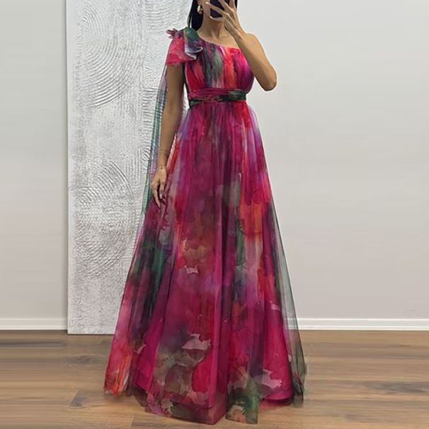 Women Sexy Slanted Neck Bow Tie Up Slim Long Dress Elegant Mesh Waist Banquet Dress Fashion Pattern Printed Asymmetry Long Dress_ecoleips.com
