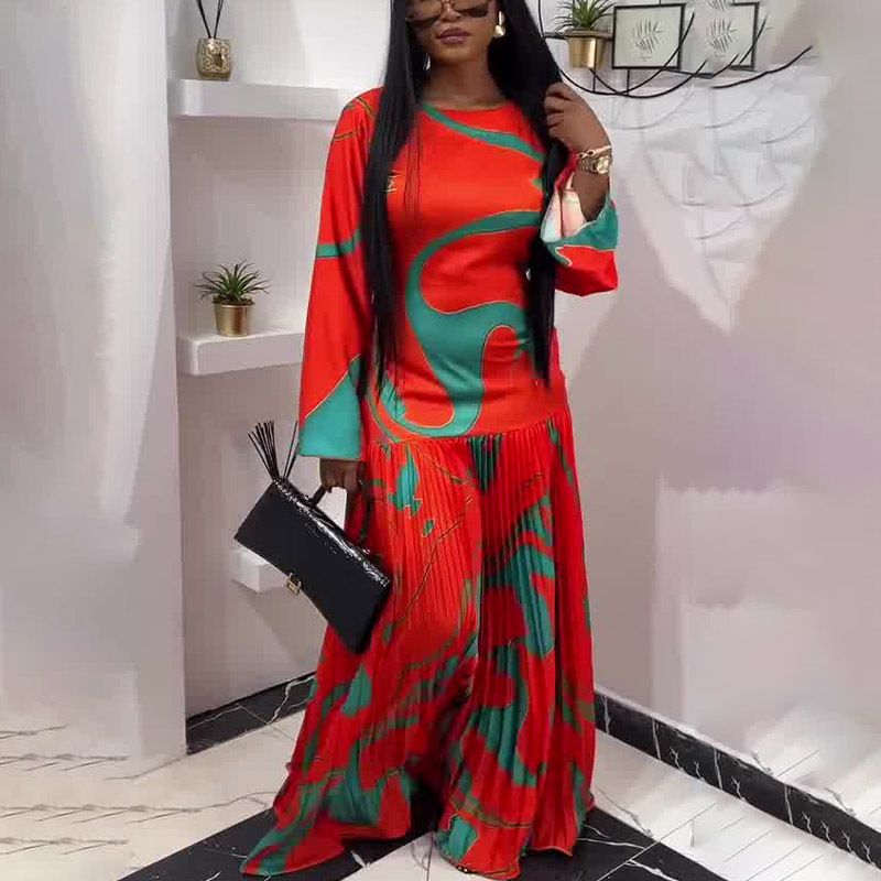 Muslim Dress Women's Slim Fit Long Dress Round Neck Printed Pleated Fashion Summer New American Style_ecoleips.com