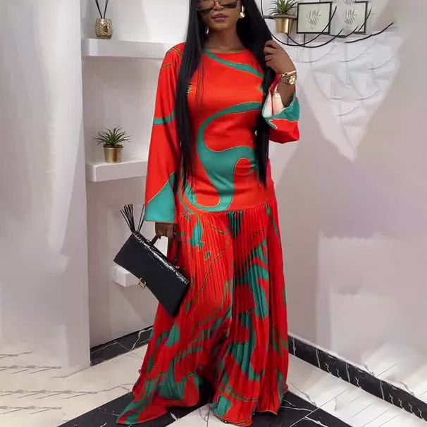 Muslim Dress Women's Slim Fit Long Dress Round Neck Printed Pleated Fashion Summer New American Style_ecoleips.com