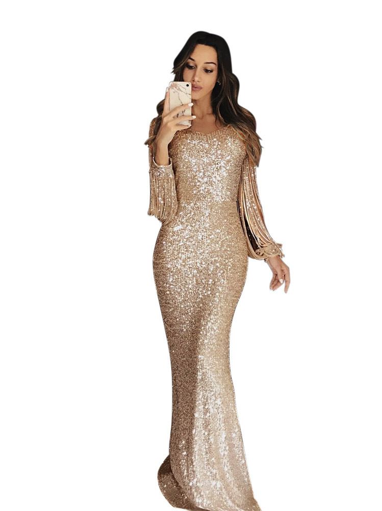Women's Clothing Long Skirt Evening Dress Long Sleeved Tassel Dinner Dress_ecoleips.com