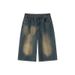 Women's American Retro Distressed Blue Cropped Jeans Summer Thin Loose Fit Mid-Length Over The Knee Wide Leg Shorts_ecoleips.com