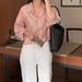 Women's Tencel Long Sleeve Shirt - Korean Loose Fit Blouse With Button Detail, Breathable Rayon Blend Top For Office & Casual_ecoleips.com