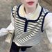 Korean-style Blue Striped Lapel Knitted Vest Women, Suitable Early Autumn, Layered Wear For Petite Figures, Sleeveless_ecoleips.com