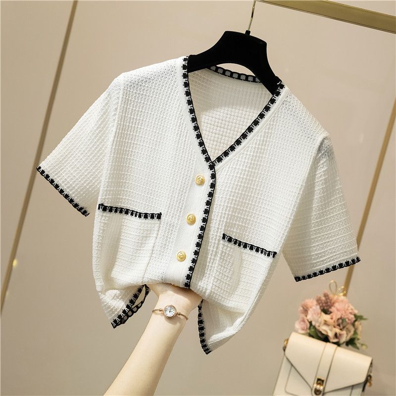 Summer New Women's Elegant Short Knitted Cardigan V Neck Short Sleeved Thin Jacket Woven Top_ecoleips.com