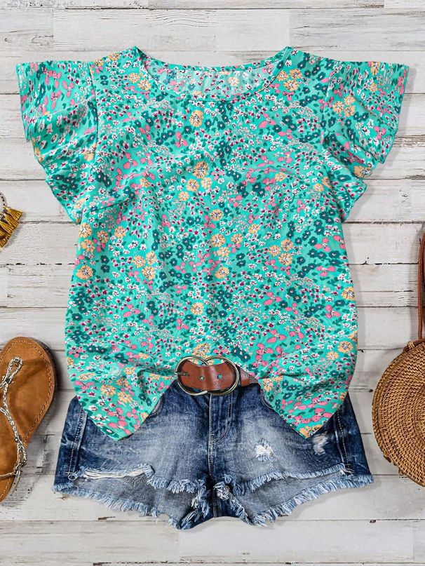 Spot Goods Women's Floral Top Spring Summer New European American Style Ruffle Sleeves Short Sleeve Casual Blouse for Ladies_ecoleips.com
