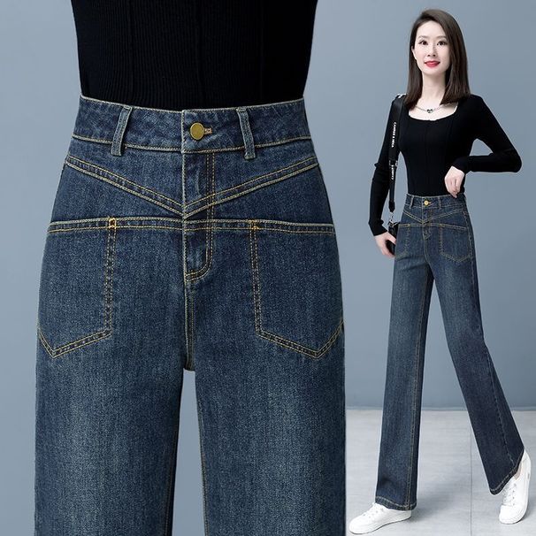 Cement Gray Denim Narrow Wide-leg Women, New Spring Autumn Style, Loose And Slimming, Straight-cut, Fleece-lined Long_ecoleips.com