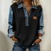Women's 3D Print Color Block Denim Knit Sweater Long Sleeve Lapel Pullover Loose Fit European American Style Top_ecoleips.com
