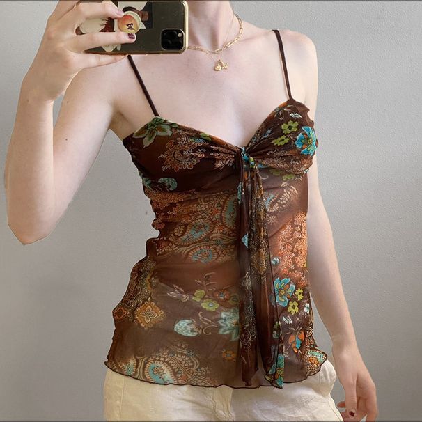 2025 New Vintage Print Contrast Color Pure Desire Hot Girl Sexy Mesh Patchwork Ribbon Low-Cut Camisole For Women_ecoleips.com