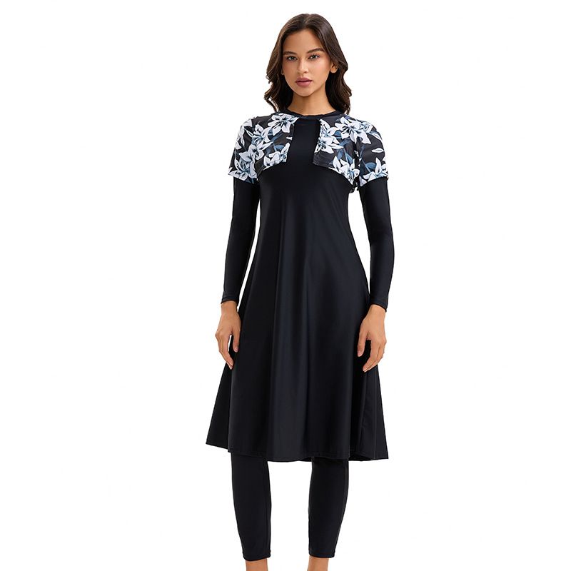 Women's Modest Muslim Swimwear Set – Long Sleeve Rash Guard & Swim Skirt | UPF 50+ Sun Protection, Full Coverage Islamic Swimwear (Black, S-4XL)_ecoleips.com