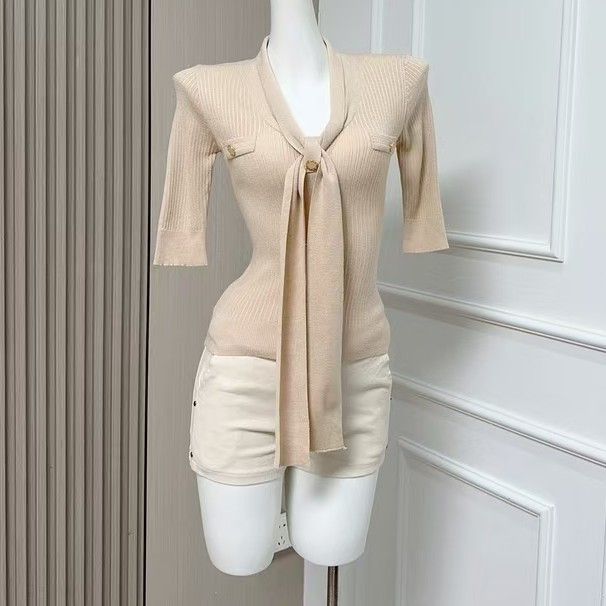 Elegant Ribbon-Knot Short Sleeve Knit Top - Breathable Viscose Blend Slim Fit Blouse For Women_ecoleips.com