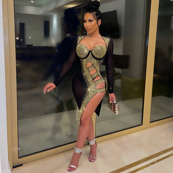 Women's clothing summer independent station nightclub style sexy hot diamond see-through hip irregular dress for women_ecoleips.com