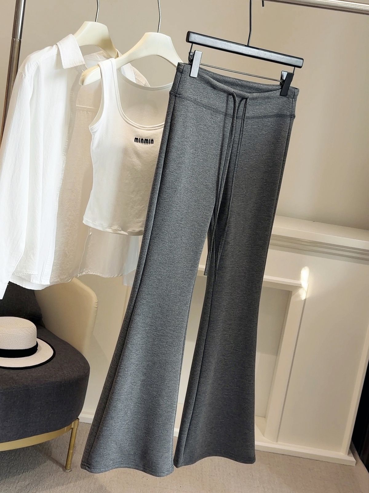 Springtime Petite Grey Cloud Cotton High-Waisted Flared Pants for Women Drawstring Draped Relaxed Casual Sporty Bottoms_ecoleips.com