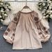 Women's Heavy Duty Ethnic Embroidered Shirt Long Sleeves Loose Fit Tie Waist round Neck Puff Sleeves Tassels_ecoleips.com