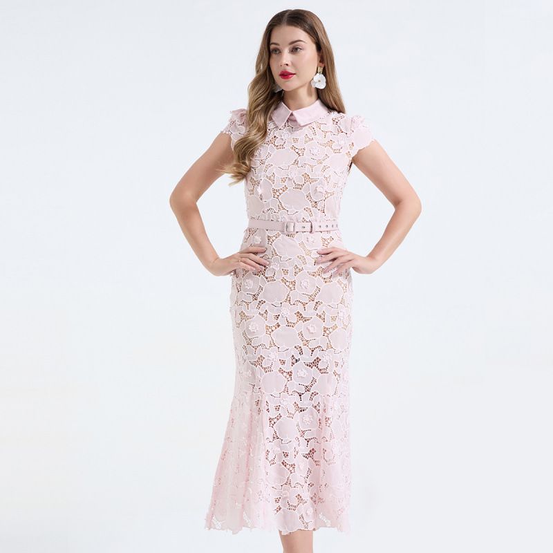 Elegant French Lace Tailored Dress – High Waist Peplum Hem With Floral Embroidery (Short Sleeve, Shirt Collar, Sizes S-3XL, Pink/Sky Blue/Navy)_ecoleips.com