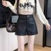 Black Pants High Waist A-line For Women Early Spring Small Stature Outer Wear PU Leather Wide-leg Ultra Shorts 2025 New_ecoleips.com