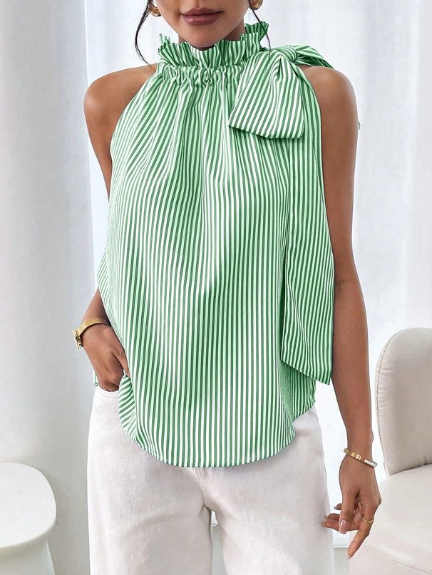 Women's Clothing European American Style Casual High Neck Tie Knot T-Shirt Top Women's Sleeveless Striped Lace_ecoleips.com