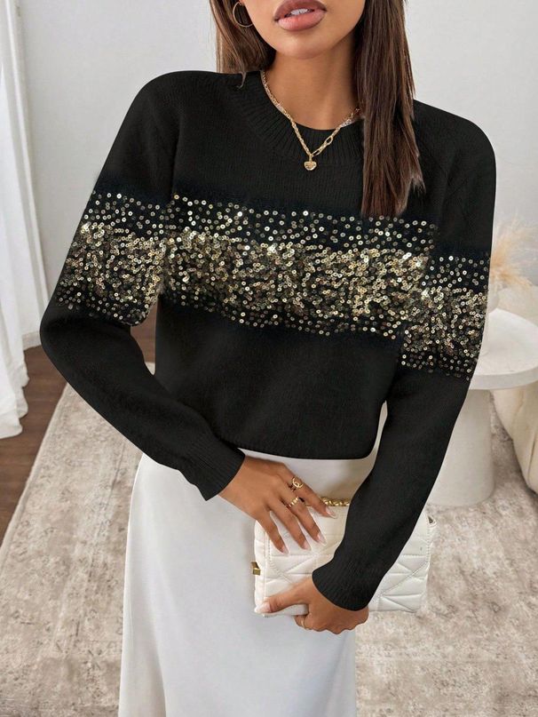 Embroidered Floral Round-Neck Sweater For Women – Plus Size Elegant Pullover With Beaded Detailing & Jacquard Texture (White/Beige/Pink/Black)_ecoleips.com