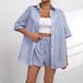 Women's Clothing Lapel Casual Striped Short Sleeved Pants Two Piece Set_ecoleips.com