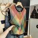 Women's Retro Forest Style Color Block Vest Sleeveless round Neck Pullover Knitwear Loose Slimming Summer Top_ecoleips.com
