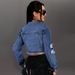 Women's Distressed Denim Jacket With Fringe Detail - Slim Fit Long Sleeve Blue Denim Shirt For Casual & Office Wear_ecoleips.com