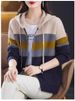 K Color Blocked Striped Double Zipper Hooded Knitted Cardigan Women's Loose And Slimming Sweater Top Jacket_ecoleips.com
