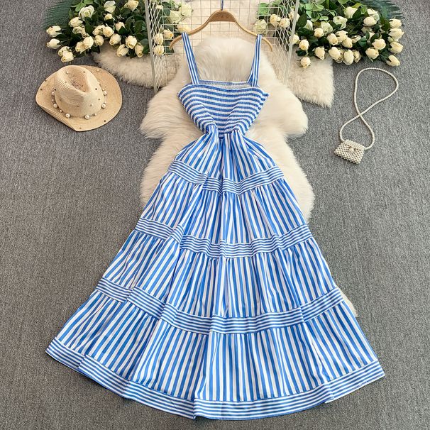 Korean Style Soft Pink Striped Suspender Dress for Women Summer Retro Design Elastic Waist Slimming Full Skirt_ecoleips.com