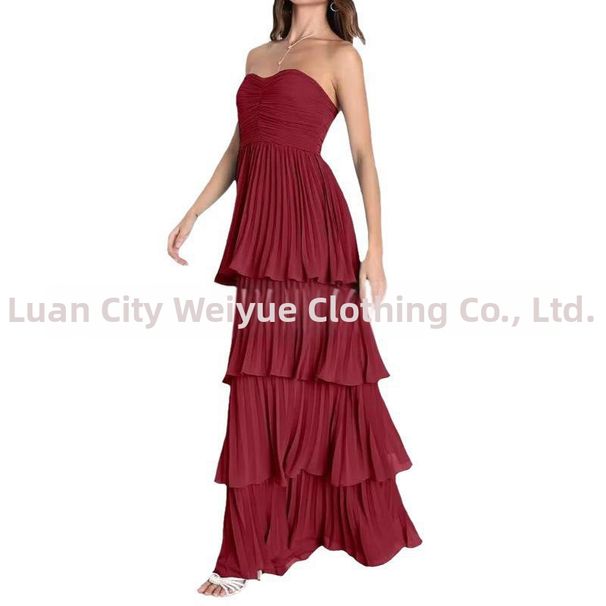 Women's Strapless Long Dress Ruffled Sleeveless Backless Fashionable Solid Color Party Wear_ecoleips.com